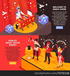 Isometric magician showing horizontal banners set with text more button and images of magicians stage performance vector illustration