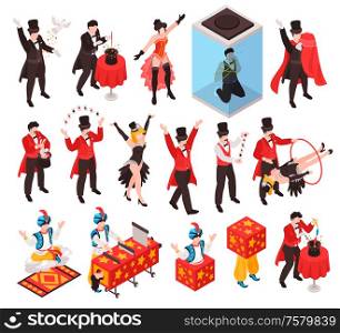 Isometric magician showing tricks focuses set of isolated human characters with show props and gaudy dress vector illustration