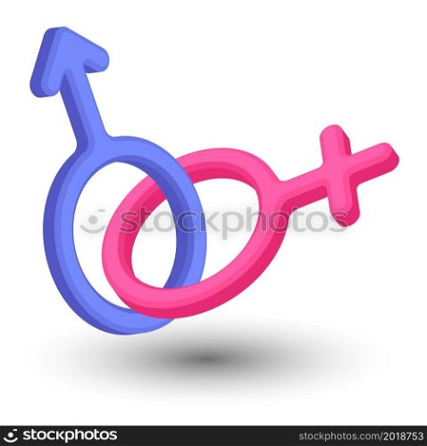 Isometric Male and female gender symbols connected together. Strong union of man and woman. Realistic 3D vector isolated on white background