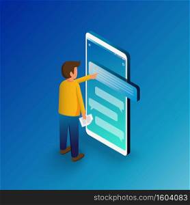 Isometric man typing on mobile smartphone. Sms messages chat and Speech bubbles.  Flat vector illustration.