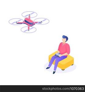 Isometric man with drone. Young men characters with remote aerial quadcopter. Vector isometric quadrocopter illustration for transporting and delivery correspondence, as well photos. Isometric man with drone. Young men characters with remote aerial quadcopter. Vector isometric quadrocopter illustration