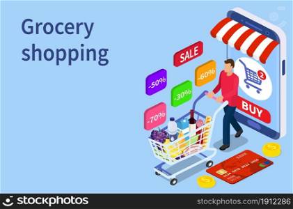 Isometric man with shopping cart. Shopping and Supermarket concept, Can use for web banner, infographics. Vector illustration in flat style. Isometric man with shopping cart.