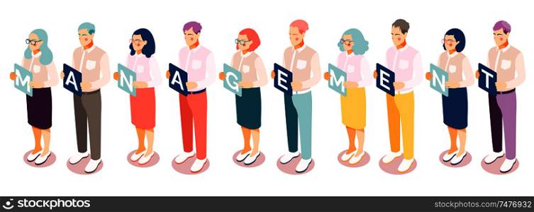 Isometric management people set background with row of isolated human characters holding plates with alphabetical characters vector illustration
