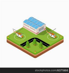 Isometric map of the airport of the city, trees and building and flying helicopters
