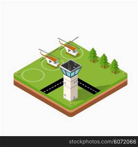Isometric map of the airport of the city, trees and building and flying helicopters