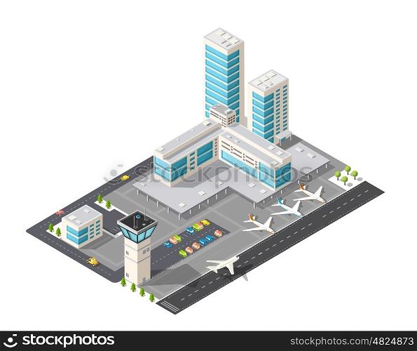 Isometric map of the city airport, the trees and the flight of construction and building, terminal, planes and cars vector illustration.