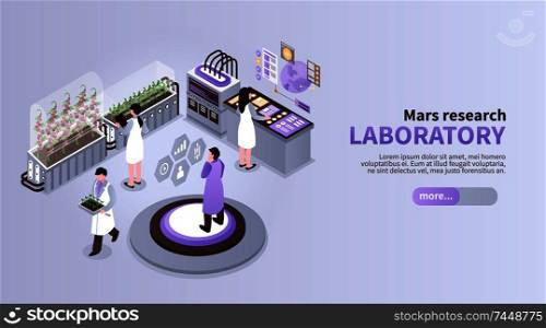 Isometric mars colonization color background with text learn more button and people in futuristic laboratory environment vector illustration