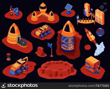 Isometric mars colonization color icon set scientists with discovery mission rockets and astronaut vector illustration