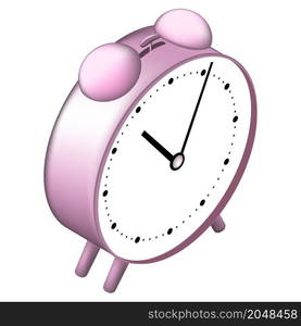 Isometric mechanical alarm clock on legs isolated on white. Bells with hammer on top. Pink body with soft shadows. Vector illustration.. Isometric mechanical alarm clock on legs isolated on white. Bells with hammer on top. Pink body with soft shadows.