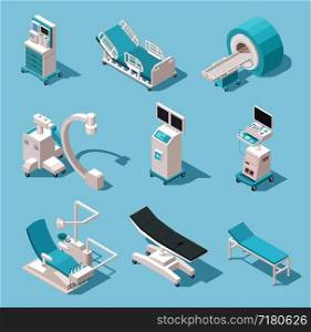 Isometric medical equipment. Hospital diagnostic tools. Health care technology 3d machines vector set. Medical equipment, x-ray and resonance device, monitor mri illustration. Isometric medical equipment. Hospital diagnostic tools. Health care technology 3d machines vector set