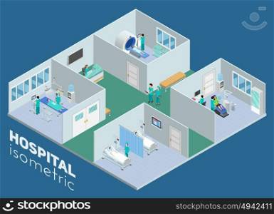 Isometric Medical Hospital Interior View Poster. Isometric medical hospital interior view mri scan operation room and intensive care ward poster abstract vector illustration