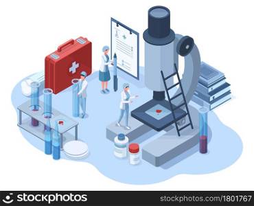 Isometric medical pharmaceutical research 3d laboratory. Science chemical laboratory scientists characters vector illustration. Genetic research and pharmaceutical developing. Blood analysis. Isometric medical pharmaceutical research 3d laboratory. Science chemical laboratory scientists characters vector illustration. Genetic research and pharmaceutical developing