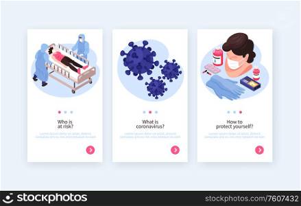 Isometric medicine virus coronavirus vertical banners set with text and images of safeguarding protectors with people vector illustration