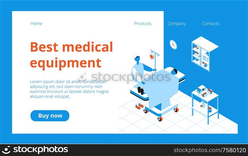 Isometric medicine web page with patient and medical equipment in operating room 3d vector illustration
