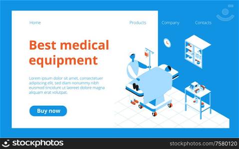 Isometric medicine web page with patient and medical equipment in operating room 3d vector illustration