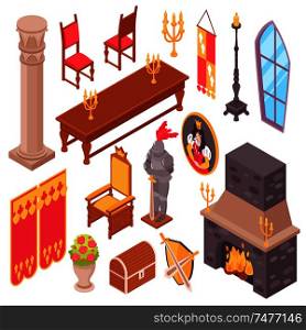 Isometric medieval castle royal hall interior set of isolated inside fitting images and pieces of furniture vector illustration