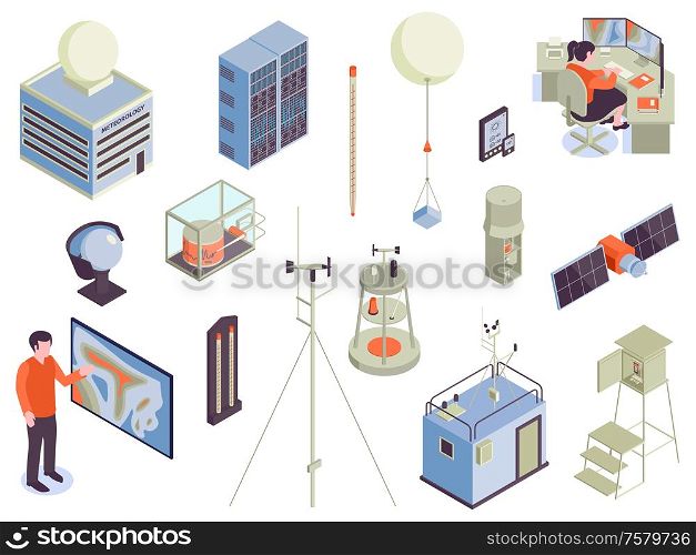 Isometric meteorological center set with isolated images pieces of weather observing electronic equipment with human characters vector illustration