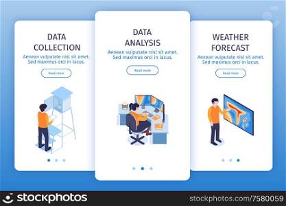 Isometric meteorological center vertical banners set with page switch buttons read more button text and images vector illustration