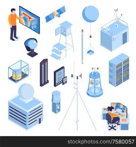 Isometric meteorological weather center forecasters set with icons and images of synoptic equipment on blank background vector illustration