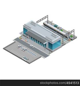 Isometric Miniature Of Railway Station. Urban railway station with cars on parking and passenger train on platform isometric miniature vector illustration