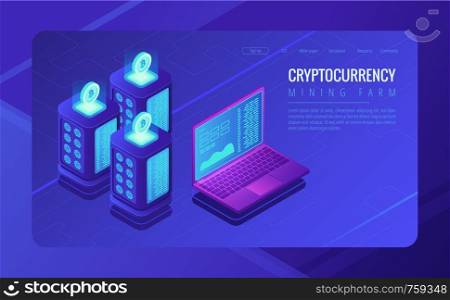 Isometric mining farm landing page concept. Bitcoin mining farm, cryptocurrency mining concept. Blockchain server room racks and laptop on ultraviolet background. Vector 3d isometric illustration. Isometric mining farm landing page concept.