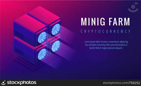 Isometric mining farm landing page concept. Blockchain server mining farm, cryptocurrency mining concept. Processing units on ultra violet background. Vector 3d isometric illustration.. Isometric mining farm landing page concept.
