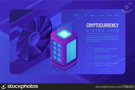 Isometric mining farm landing page concept. Blockchain server mining farm, cryptocurrency mining concept. Rack server and GPU cooler on ultraviolet background. Vector 3d isometric illustration. Isometric mining farm landing page concept.