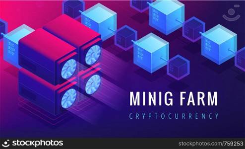 Isometric mining farm landing page concept. GPU mining farm, cryptocurrency mining concept. Blockchain server network on ultra violet background. Vector 3d isometric illustration.. Isometric mining farm landing page concept.