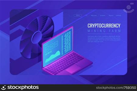 Isometric mining farm landing page concept. GPU mining farm, cryptocurrency mining concept. Blockchain video card farm and laptop on ultraviolet background. Vector 3d isometric illustration. Isometric mining farm landing page concept.