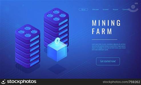 Isometric mining farm landing page concept. Title mining farm, cryptocurrency receiving concept. Blockchain server network on blue violet background. Vector 3d isometric illustration.. Isometric mining farm landing page concept.