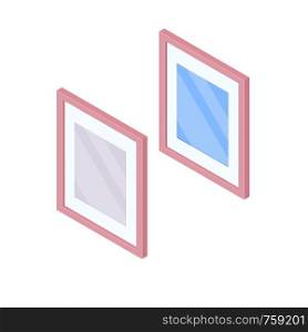 Isometric mirror in wooden frame isolated on white background. Two wall mirrors with blurry reflection vector cartoon illustration.. Mirror with reflection isometric illustration.