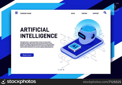 Isometric mobile artificial intelligence. AI smartphone, digital brain technology and neural network chip. Future mobile phone augmented reality app solutions wireless vector illustration. Isometric mobile artificial intelligence. AI smartphone, digital brain technology and neural network chip vector illustration