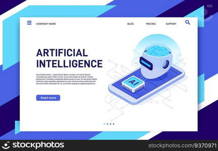 Isometric mobile artificial intelligence. AI smartphone, digital brain technology and neural network chip. Future mobile phone augmented reality app solutions wireless vector illustration. Isometric mobile artificial intelligence. AI smartphone, digital brain technology and neural network chip vector illustration