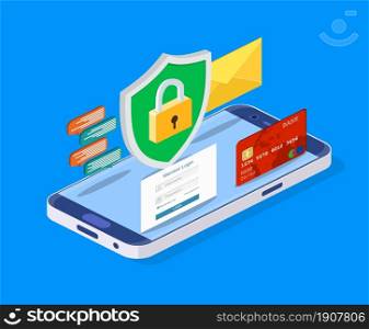 isometric Mobile data security Online payment protection system concept. smartphone, mail, chat and credit card. Vector illustration in flat style.. Mobile data security
