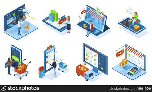 Isometric mobile e-commerce online shopping concept. People make purchases use mobile apps and payment systems vector illustration set. Mobile shopping orders delivery from website or application. Isometric mobile e-commerce online shopping concept. People make purchases use mobile apps and payment systems vector illustration set. Mobile shopping orders