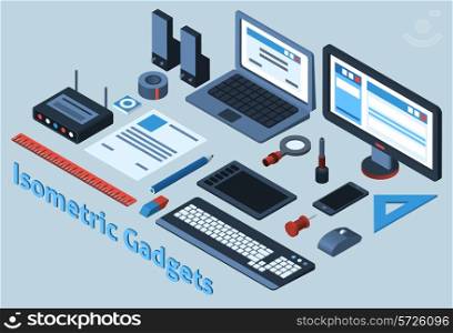 Isometric mobile gadgets set with 3d stationery objects isolated vector illustration