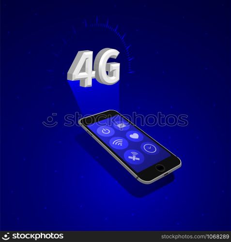 Isometric mobile network system. Wireless Internet of things technology. 4g, LTE digital ecosystem. Smartphone hologram, holographic project banner template for communication, web, vector background