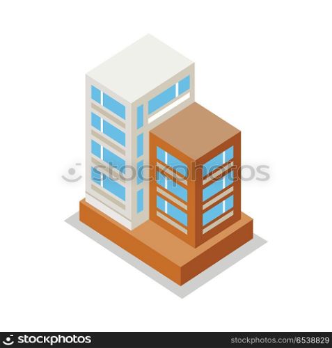 Isometric Modern Apartment Building. Isometric modern apartment building. Architecture apartment icon, building residential, business multistory building, office building. Isolated object on white background. Vector illustration.