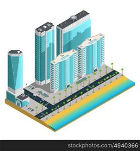 Isometric Modern City Composition. Isometric city composition with modern skyscrapers and many storeyed houses on sea coast on white background vector illustration