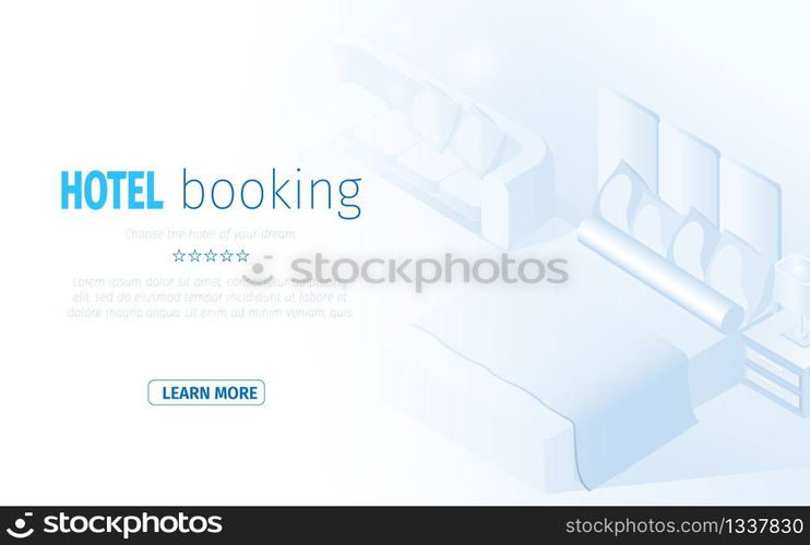 Isometric Modern Hotel Room Bedroom Interior Vector Illustration. Comfortable Apartment Booking Online Reservation Service Application. Business Trip Vacation Holiday Journey Concept. Isometric Modern Hotel Room Bedroom Interior.