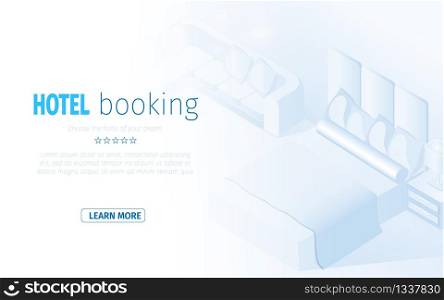 Isometric Modern Hotel Room Bedroom Interior Vector Illustration. Comfortable Apartment Booking Online Reservation Service Application. Business Trip Vacation Holiday Journey Concept. Isometric Modern Hotel Room Bedroom Interior.