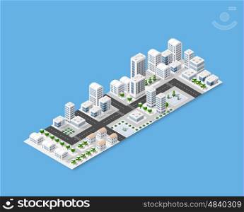 Isometric module of the modern 3D city. Winter landscape snowy trees, streets. Three-dimensional views of skyscrapers, houses, buildings and urban areas with transport roads, urban intersections