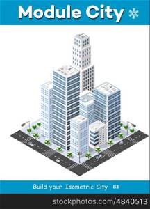 Isometric module of the modern 3D city. Winter landscape snowy trees, streets. Three-dimensional views of skyscrapers, houses, buildings and urban areas with transport roads, urban intersections