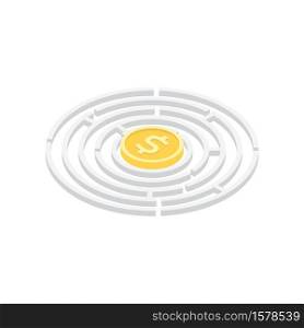 Isometric money in labyrinth, business concept, isolaed on white background
