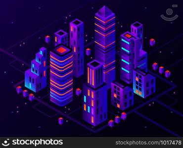 Isometric neon town. Futuristic illuminated city, future megapolis highway illumination electrical construction and night business district building, modern cityscape 3d vector illustration. Isometric neon town. Futuristic illuminated city, future megapolis highway illumination and business district 3d vector illustration