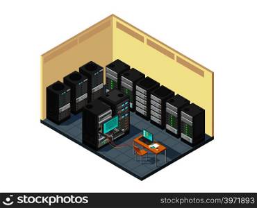 Isometric network server room with row of computer equipments. Data center support hardware with servers vector illustration. Isometric network server room with row of computer equipments