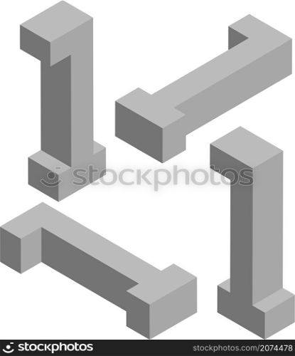 Isometric number 1. Template for creating logos, emblems, monograms. Black and white. 3D art symbol illustration