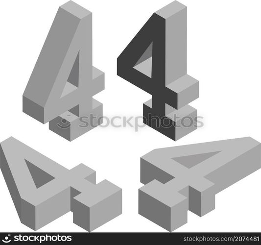 Isometric number 4. Template for creating logos, emblems, monograms. Black and white. 3D art symbol illustration