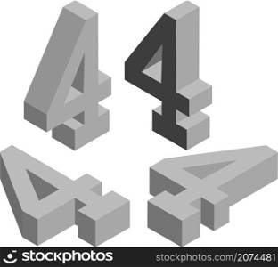 Isometric number 4. Template for creating logos, emblems, monograms. Black and white. 3D art symbol illustration
