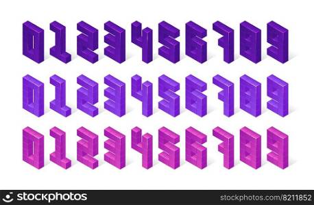 Isometric numbers made of 3d cubes. Purple, violet and pink digits stand in row isolated on white background. Geometric font vector elements, block signs, set of mathematics symbols from zero to nine. Isometric purple numbers made of 3d cubes, signs